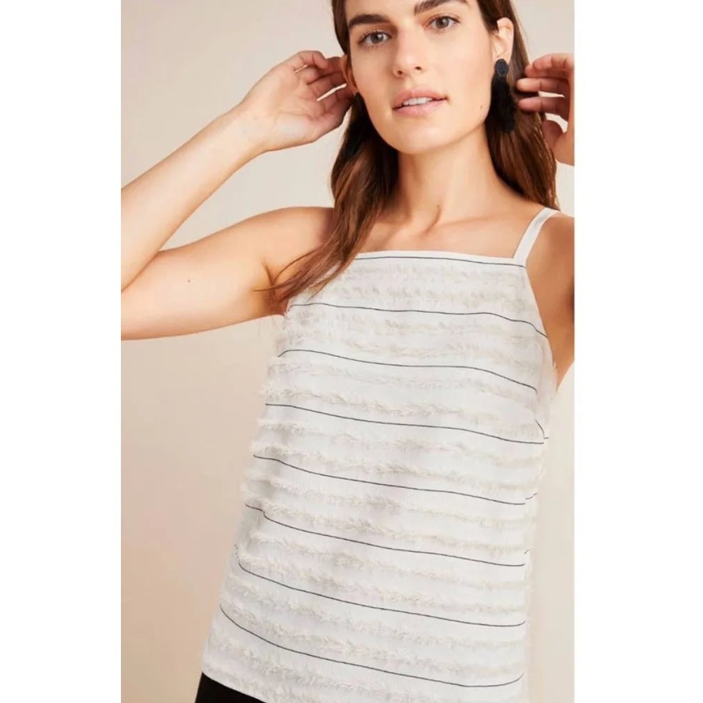 Anthropologie Maeve Quinn Fringe Striped Ivory Tank Women's Size‎ 6